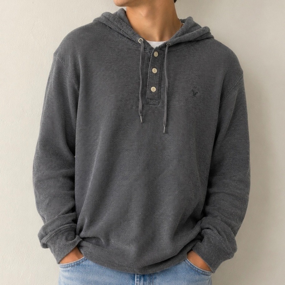 American Eagle Thermal Hoodie Men's XXL Gray Waffle Knit Henley Hooded Pullover